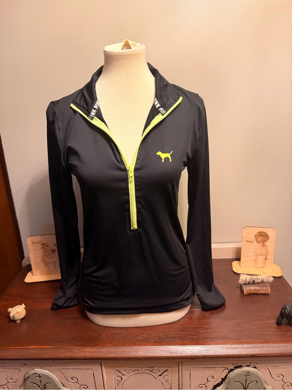 PINK Victoria's Secret Black Quarter-Zip Performance Top with Neon Green Trim